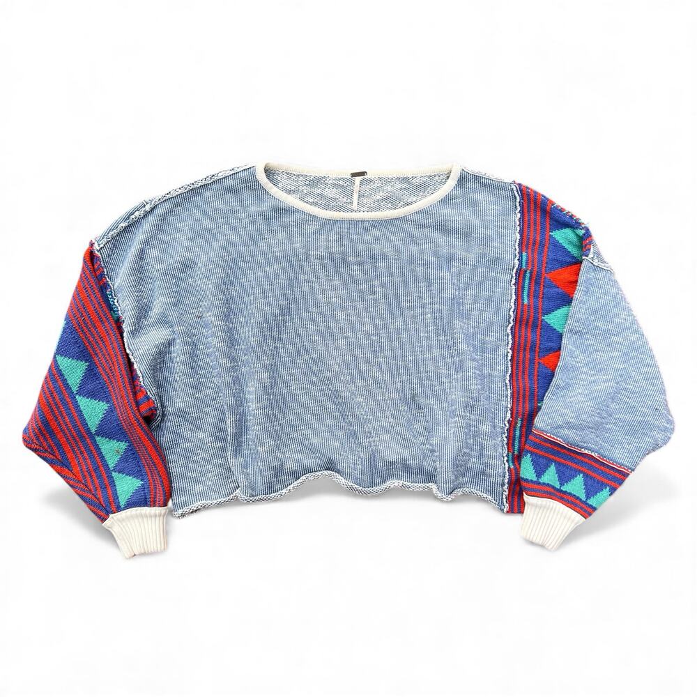 Free People Blue Aztec Boho Triangle Patchwork Crop Fit Slouchy Sweater Preppy S - Picture 1 of 10